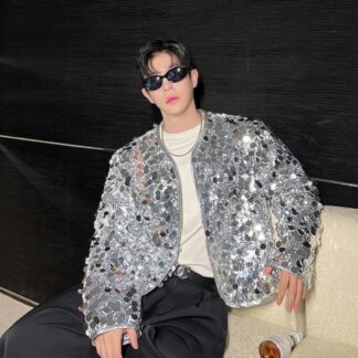メンズ舞台演出服コート スパンコール ジャケット キラキラ 男性 舞台演出服 歌手 バー カラオケ ジャズダンス ステージ シルバー ブラック スパンコールコート レザー