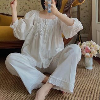 レディースパジャマ 綿100% 春夏秋 長袖 ルームウェア ジャカード お姫風ルームウェア 可愛いパジャマ コットン 長袖ナイトウェア 上下セット 寝巻き お肌に優しい 柔らかい 欧風部屋着