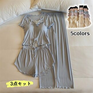 モダール パジャマ レディース ルームウエア 5色展開 夏服 半袖 ショートパンツ ロングパンツ 上下3点セット セクシー 薄手 固定パッド付き ホームウェア シンプル 柔らかい お洒落 カジュアル