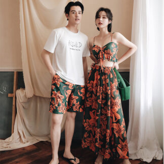 水着 ペア ペアルック カップル水着 レディース メンズ 4点セット 花柄 パッド付き 安い 水着メンズ水着 男性用 ビーチパンツ サーフパンツ みずぎ mizugi 男女 温泉 ハネムーン ミズギ