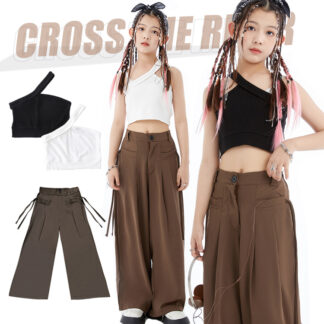 k-pop 衣装 ベスト 黒 セットアップ キッズ へそ出し トップス ダンス衣装 パンツ ヒップホップ ワイドパンツ ブラウン 韓国 長ズボン 袖なし HIPHOP ジュニア 練習着 女の子