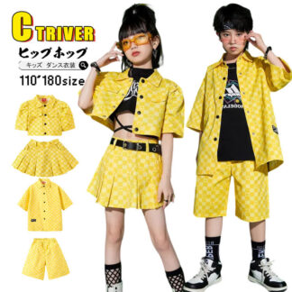 k-pop 衣装 イエロー チェック柄 キッズダンス衣装 セットアップ ヒップホップ キッズ へそ出し トップス 女の子 チアガール プリーツスカート 黄色 シャツ 半袖 短パンツ チアダンス