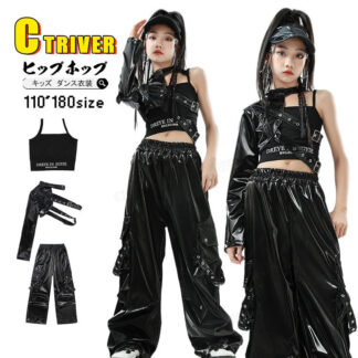 レザーパンツ ワンショルダー 長袖 k-pop 衣装 キッズダンス衣装 セットアップ へそ出し トップス 片腕 片袖 キャミソール 黒パンツ 韓国 アイドル チア ダンスキッズ