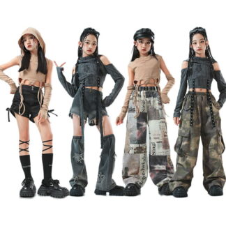 キッズ へそ出し トップス ダンス衣装 女の子 セットアップ デニムパンツ 長袖tシャツ 茶色 灰 ワイドパンツ かっこいい 韓国 k-pop衣装 ヒップホップ レッグウォーマー チアガ