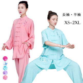 太極拳 服 ウェア 上下セット 5色 レディース 前開き カンフー服 花 刺繍 長袖 半袖 綿 麻 民族風 トップス ズボン 練習着 春 夏 秋 表演服