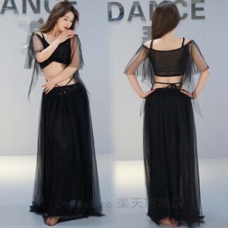 ベリーダンス 衣装 セット レッスン着 セットアップ チュール ロング丈 スカート ヘソ出し スパンコール付きトップス おしゃれ ダンス衣装 ステージ衣装 ダンス 舞台衣装 余興 コスチューム