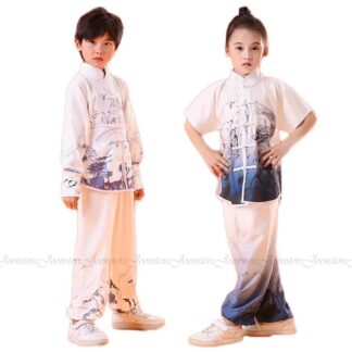 子供武術演出服 太極拳服 上下セット 演武用 カンフー衣装 半袖 長袖 2タイプ 男女兼用 中華武術服 表演服 カンフー服 演武服 武術 カンフー 舞台 ステージ おしゃれ 龍 プリン 衣装