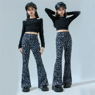 2点セット ガールズ ジャズ ダンス衣装 韓国 k-pop ヒップホップ チアガール タンクトップ ヘソ出し 肩だし 豹柄 トップス パンツ jazz セットアップ スーツセット 可愛い 舞台