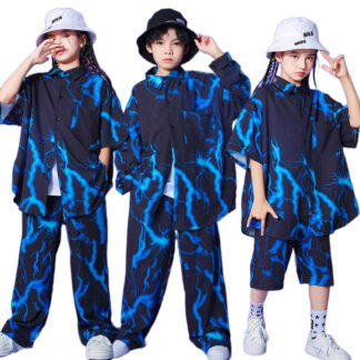 ネイビー 稲妻 キッズダンス衣装 セットアップ 紺 雷柄 キッズ ダンス衣装 ヒップホップ 女の子 男の子 ガールズ 韓国 応援団 発表会 K-POP 文化祭 学園祭演出服 かっこいい 派手