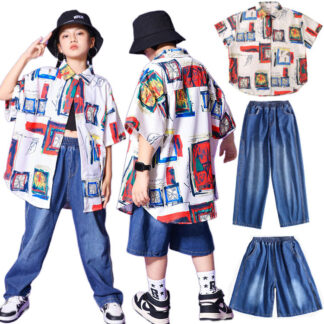 キッズダンス衣装 シャツ デニムパンツ 男の子 女の子 子供服 ロングパンツ ヒップホップ ダンス 衣装 キッズ ゆるシャツ ファッション キッズダンス おしゃれ 韓国