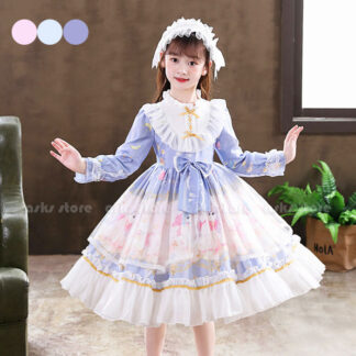 メイド服 子供 キッズ ジュニア 女の子 ワンピース メイド コスプレ かわいい ロリータドレス lolita 膝丈 長袖 レース 花柄 アニメ お姫様 ウェイレス ハロウィン 仮装 学園祭