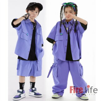 キッズダンス衣装 セットアップ 派手 ヒップホップ ダンス 衣装 子供服 紫 ジャケット カーゴパンツ Tシャツ 半袖 長袖 長パンツ ハーフパンツ 練習服 演出服 ガールズ 男女兼用 jaz