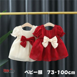 ベビー服 ワンピース リボン 女の子 かわいい レッド ベージュ 半袖 長袖 春 夏 コットン 80 90 100cm 73