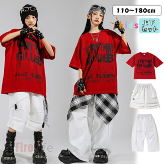 ヒップホップ k-pop衣装 キッズダンス衣装 赤 半袖Tシャツ セットアップ チアガール 男の子 女の子 ハーフパンツ ロングパンツ ダンスウェア 韓国 舞台衣装 団体服 ダンス発表