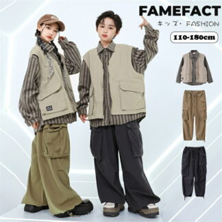 ヒップホップ ダンス衣装 キッズ HIPHOP ストリート系 舞台衣装 ストライプ シャツ ダンス 子供服 偽二枚 トップス ベスト カーゴパンツ カーキ ワイドパンツ ダン 黒