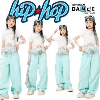 フリル付き ホワイト イレギュラー Tシャツ へそ出し 女の子 子供服 ダンス衣装 個性派 レースアームカバー アイドル風 ブルー 水色 カーゴパンツ ズボン 金属 小学生 ジュニア hiph