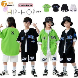 ダンス衣装 キッズ セットアップ 三点セット ベースボール ジャズ 子供服 女の子 男の子 グリーン ブラック 野球風 舞台衣装 半袖シャツ パンツ 演出服 カッコイイ おし ヒップホップ