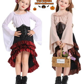 キッズ ハロウィン 衣装 女の子 コスプレ 仮装 中世風 ドレス 海賊風 プリンセス ゴシック フリルスカート 前短後長 長袖 姫系 チュールスカート おしゃれ 親子コーデ お揃い パーティー