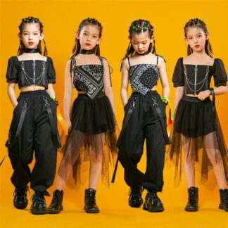キッズダンス ダンス衣装 セットアップ 黒 ヒップホップ チュール スカート へそ出し 女の子 トップス ペイズリー 肩出し ガールズ チアガール 演出服 ジュニア ダンス kpop 団体服 原