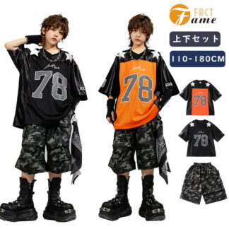 ヒップホップ キッズ ダンス衣装 黒 オレンジ 半袖 バスケットボール服 ユニフォーム 迷彩柄 短パン ゆったり カッコイイ 韓国風 セットアップ ユニセックス ダンスウェア イベント 運動会