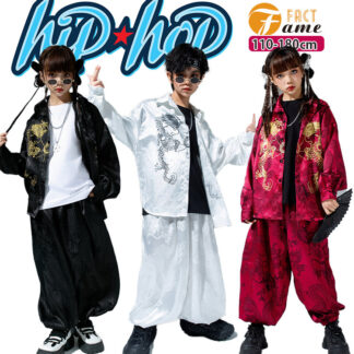 3色 チャイナ風 シルク風 キッズダンス 女の子 男の子 龍柄 レッド ブラック ホワイト ジャケット 長袖 ズボン ワイドパンツ ダンス衣装 ガールズ ジャッズ 団体服 応援団 ゆったり カ