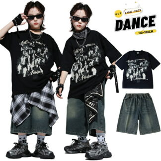 キッズ ダンス衣装 女の子 男の子 黒 Tシャツ デニムパンツ ハーフパンツ ヒップホップ 発表会 チーム衣装 K-POP ストリート系 HIPHOP 団体衣装 ジュニア ダンス服 ステ
