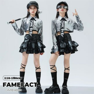 キッズ ダンス衣装 HIPHOP ストリート系 舞台衣装 黒 レザー スカート ガールズ ジャズ セットアップ シルバー 光沢 ジャケット ヒップホップ へそ出し ダンス ミニスカート