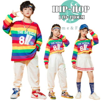 キッズダンス衣装 セットアップ 男の子 女の子 長袖tシャツ+パンツ スカート 2点セット ボーダー柄 虹色 ヒップホップ チアガール 子供服 スポーツウェア ストリート ステージ衣装 練習着 派手