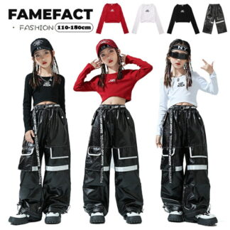 キッズ ダンス衣装 女の子 へそ出し トップス 黒 赤 白 長袖 レザー パンツ HIPHOP ストリート系 舞台衣装 ジャズ ヒップホップ ガールズ かっこいい 舞台 チーム 韓国 K