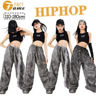 女の子 練習着 ダンス服 キッズ ブラック グレー ダンス 無袖 タンクトップ 長ズボン セットアップ ガールズ ズボン サルエルパンツ へそ出し ストリート系 ジャッズ 日常着 ジュニア