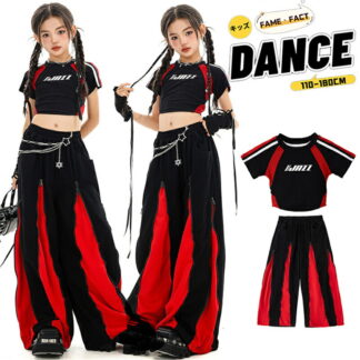 キッズ ダンス衣装 ヒップホップ HIPHOP 女の子 チアガール ストリート系 ブラック Tシャツ へそ出し レッド ワイドパンツ セットアップ ガールズ 可愛い Y2K ステージ衣装 レッスン着