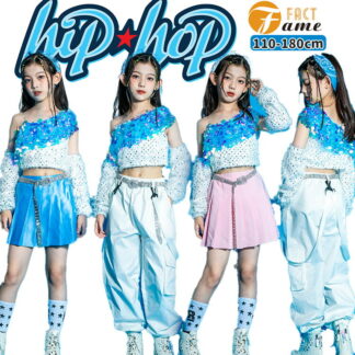 スパンコール キッズダンス衣装 女の子 子供服 ホワイト キャミソール キラキラ レーザー 片袖 ズボン 光沢感 ブルー シルク風 ピンク スカート へそ出し k-pop ヒップホップ 可
