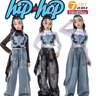 蝶々 デニム キャミソール キッズダンス衣装 セットアップ 子供服 女の子 ブルー 黒 白 タンクトップ メッシュ へそ出し ダメージ パンツ k-pop 可愛い Y2K カッコ ヒップホップ