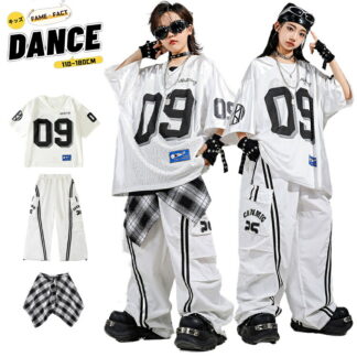 バスケット ユニフォーム ダンス衣装 キッズ ヒップホップ ダンス服 セットアップ 白 半袖 ゲームシャツ ステージ衣装 発表会 衣装 Y2K ストリート系 トップス ワイドパンツ ジュニア