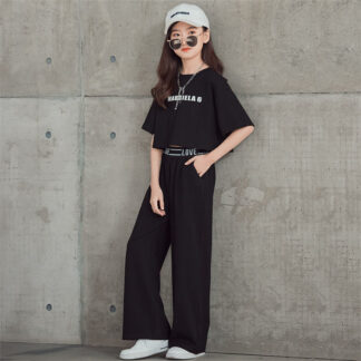 キッズ ダンス衣装 セットアップ へそ出し k-pop ヒップホップ ジャズ 女の子 ストリート 原宿 黒パンツ 舞台 韓国 ダンスウェア おしゃれ ステージ 発表会 演出服