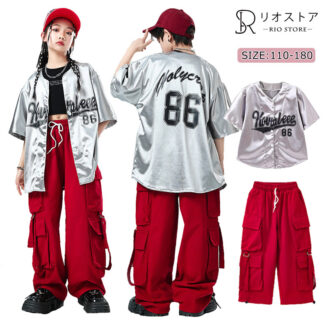 シルバー 赤 子供ダンス キッズダンス ヒップホップ 男の子 ベースボールシャツ 女の子 野球服 半袖 多ポケット レッドカーゴパンツ セットアップ JAZZストリート ダンスウェア