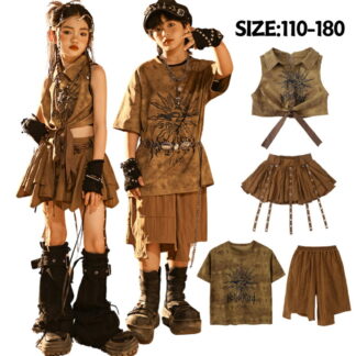 茶色 キッズダンス アースカラー ダンス衣装 セットアップ 子供服 ヒップホップ 男の子 ブラウン 半袖 tシャツ 短パン 女の子 ヘソ出し 袖なし スカート キッズダンス衣装 パンク風 jaz