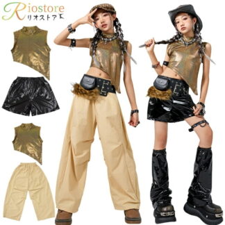 キッズ ダンス 衣装 セットアップ キラキラ 女の子 ゴールド 黒 ヘソ出し チョッキ パンツ ベルト ヒップホップ 韓国 k-pop 練習着 Y2K ステージ衣装 イベント 発表会 個性派 子供服