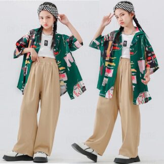 キッズ ダンス 衣装 グリーン 柄シャツ ゆるシャツ ベージュパンツ 男の子 女の子 韓国 子供服 HIPHOP パンツ 半袖シャツ ロングパンツ ダンスウェア JAZZ 演出服 ストリート