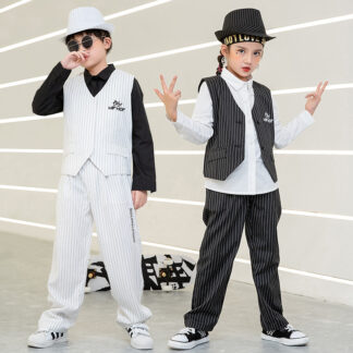 ロック ダンス 衣装 キッズダンス ベスト セットアップ 子供ダンス ブラック ホワイト 男の子 女の子 locking ヒップホップ hiphop シャツ ボーダー柄 かっこいい ダンス衣装