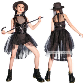 キッズ ダンス 衣装 セットアップ 黒 子供服 ステージ 女の子 jazz ジャッズダンス ガールズ へそ出し 演出服 レザー チュール 韓国子ども 舞台服