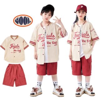 キッズダンス衣装 セットアップ ストリート ベースボールシャツ 野球服 クリーム色 レッド 半袖 tシャツ ホワイト カーゴパンツ ハーフ ワインレッド カッコイイ キッズ 女の子 男の子 ダンス服