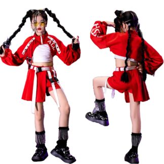 ダンス衣装 子供服 キッズ 女の子 セットアップ ガールズ 赤 演出 舞台服 ステージ衣装 hiphop パンツ スカートセット ホワイト チアダンス 学生 ダンス発表 チアガール