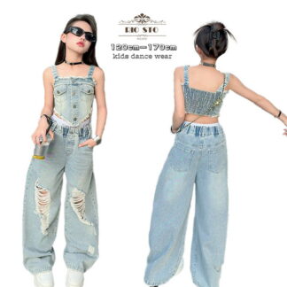 デニム ダンス衣装 ブルー 2点セット 女の子 ダメージパンツ タンクトップ 子供服 おしゃれ 演出服 hiphop ヒップホップ チームダンス 120-180cm キッズダンス