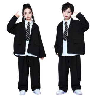 黒 白 ダンス衣装 キッズ ダンススーツ ヒップホップ 女の子 男の子 発表会 長袖 シャツ ジャケット ロングパンツ ネクタイ セットアップ かっこいい K-POP 入学式 卒業式 HIP