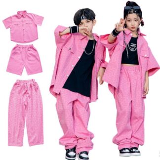 ピンク ストリート系 キッズ ダンス衣装 男の子 女の子 セットアップ 発表会 応援団 おしゃれ かっこいい ゆったり カジュアル シャツ トップス 短パン ヒップホップ ジャズダンス 韓国