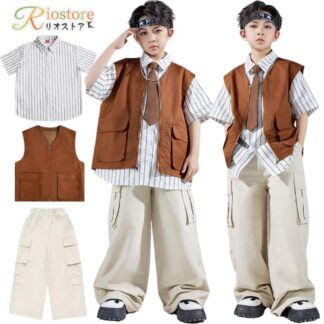 ストライブ柄 シャツ 茶色 ベスト ダンス衣装 スーツ キッズ k-pop 男の子 白 レトロ系 キッズダンス衣装 セットアップ 子供服 ジャケット 袖なし ベー ヒップホップ