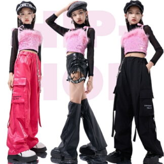 キッズダンス 衣装 キラキラ セットアップ ピンク 黒 ラメ入りブラック 女の子 ヘソ出しトップス チョッキ ステージ衣装 韓国風 子供服 ジャズダンス 春 ヒップホップ ファッションショー 練習
