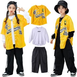 キッズダンス衣装 セットアップ 子供服 野球服 Tシャツ パンツ 男の子 女の子 ヒップホップ ダンス衣装 黄 黒 白 チアガール 長袖 演出服 ストリート ダンスウェア ステージ衣装 舞台服