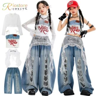 Y2K キッズ ダンス 衣装 女の子 デニム セットアップ レース へそ出し ダンス衣装 韓国 KPOP 派手 個性的 ダメージ パンツ トップス 発表会 練習着 ヒップホップ ガールズ